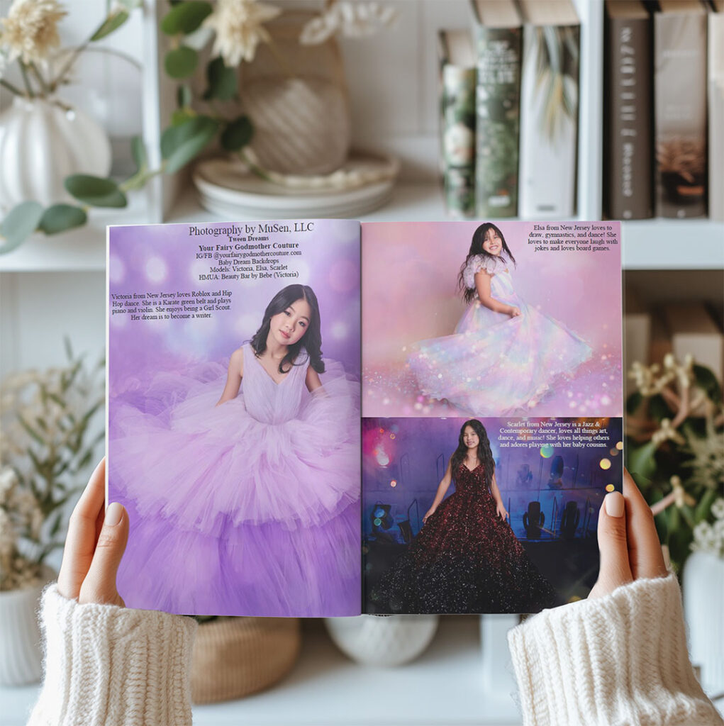 Photography by MuSen LLC featured in a luxury couture magazine spread showcasing tween models in elegant Taylor Swift Era Tour inspired gowns, perfect for creative portraits and fine art photography in New Jersey. Highlighting personalized model stories and high-end editorial photography. 